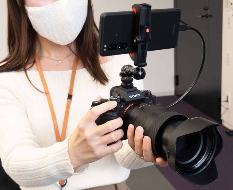 Xperia PROとαの接続例。カメラの上にサードパーティーから販売されているスマホ固定機器をつけて、HDMIなどでつなぐ