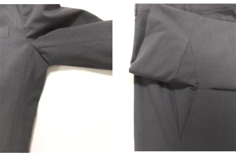 ジャケット脇部(左)とパンツ股部(右)のガゼットクロッチ