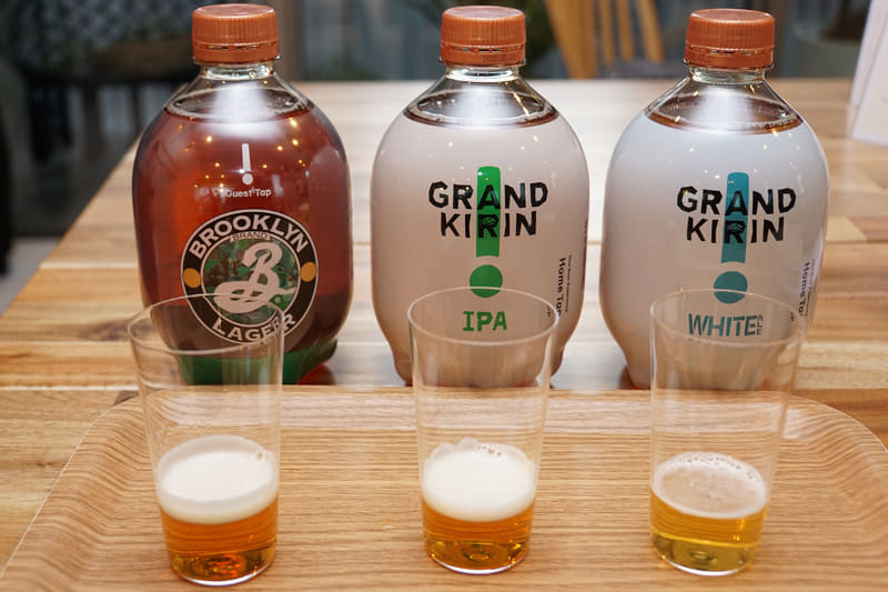 左から「BROOKLYN LAGER」、「GRAND KIRIN IPA」、「GRAND KIRIN WHITE ALE」