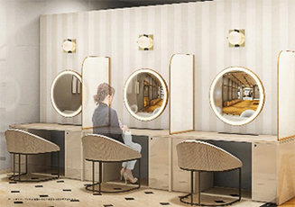 コスメカウンターは、明るさを調節可能なミラー付き