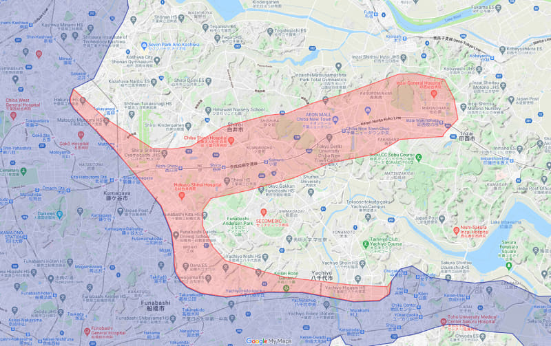 千葉県印西市 マップの赤いエリアに拡大