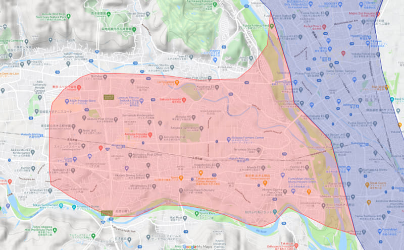 東京都あきる野市 マップの赤いエリアに拡大