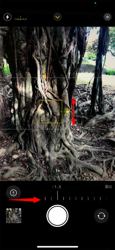 撮影イメージが明る過ぎ、もしくは、暗すぎる場合に調整する。フォーカス枠の右に表示される太陽のアイコンを上下にスライドして微調整することも可能
