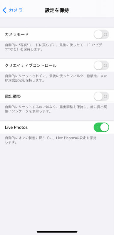 設定を保持したい項目はスイッチをONにする。