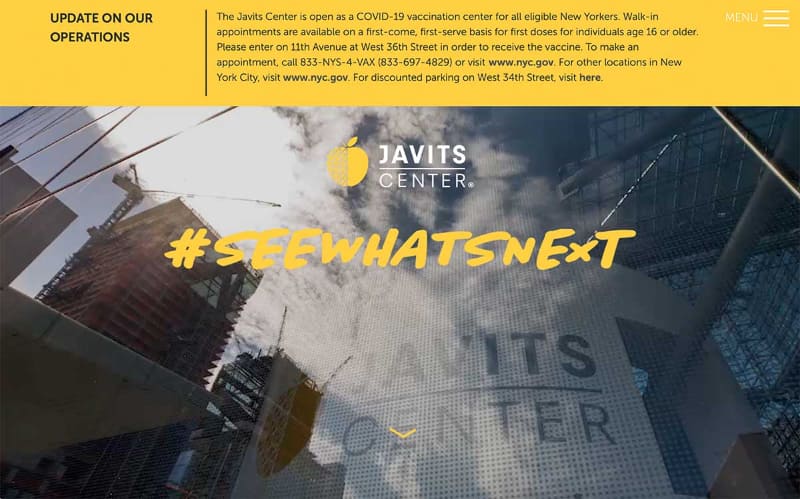 ワクチン接種の予約がすぐにでも可能と告知するJavits Centerのページ