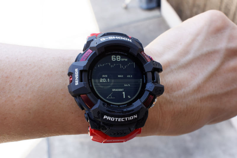 屋外サイクリングで「心拍数グラフ／速度／道路勾配」のレイアウトを使ってみたところ。停止中のため現在の速度表示は見えない