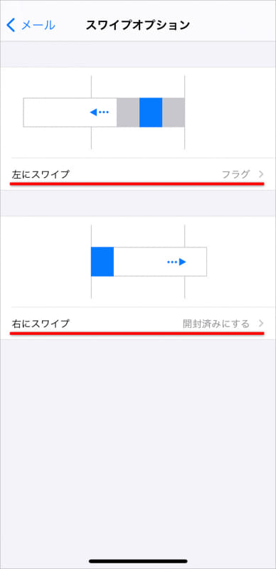 [スワイプオプション]の設定状況。[左にスワイプ]と[右にスワイプ]をタップして設定を変更する