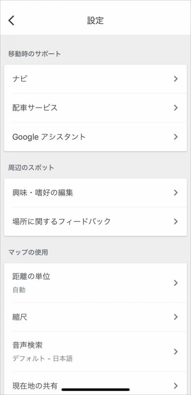 Google Mapsの設定画面上部