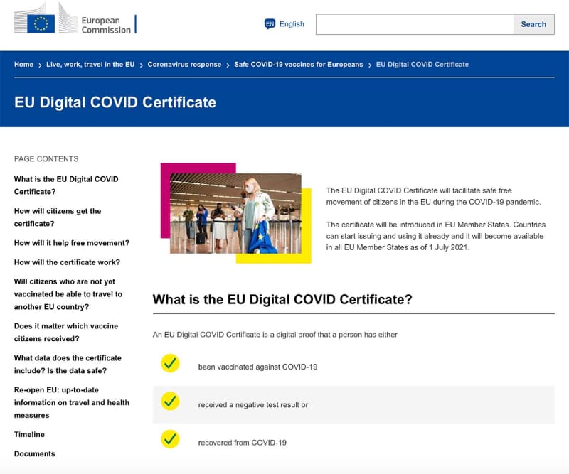 欧州連合(EU)の「Digital COVID Certificate」解説ページ