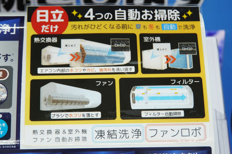 日立の自動お掃除機能。室外機をきれいにする機能もある