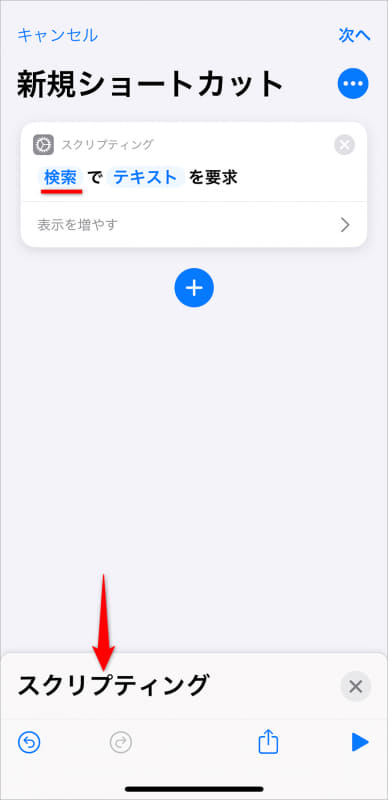 任意の名称で構わない。ここでは「検索」とした。画面下に折りたたまれている[スクリプティング]を上にスワイプする