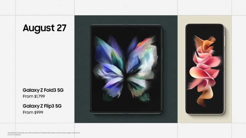 海外での発売日は8月27日。価格はGalaxy Z Fold3 5G が1,799ドルで、Galaxy Z Flip3 5Gが999ドル