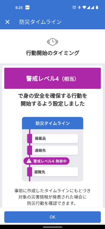 警戒レベルの発表状況に基づき、行動のタイミングを通知