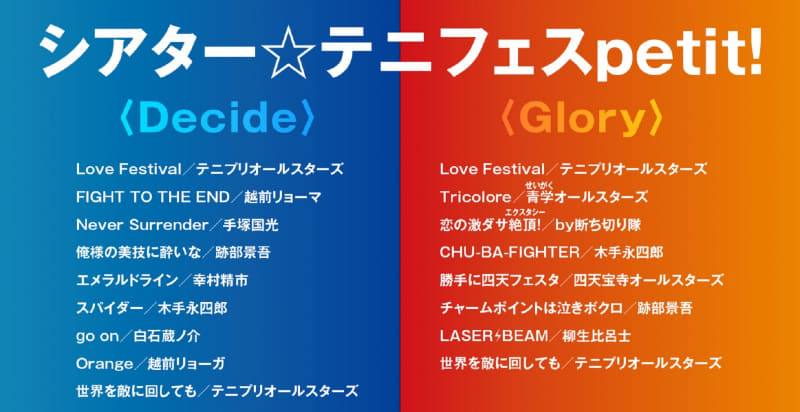 劇場には「シアター☆テニフェスpetit！(プチ)」のセットリストも。この日は＜Glory＞の応援上映が行なわれました