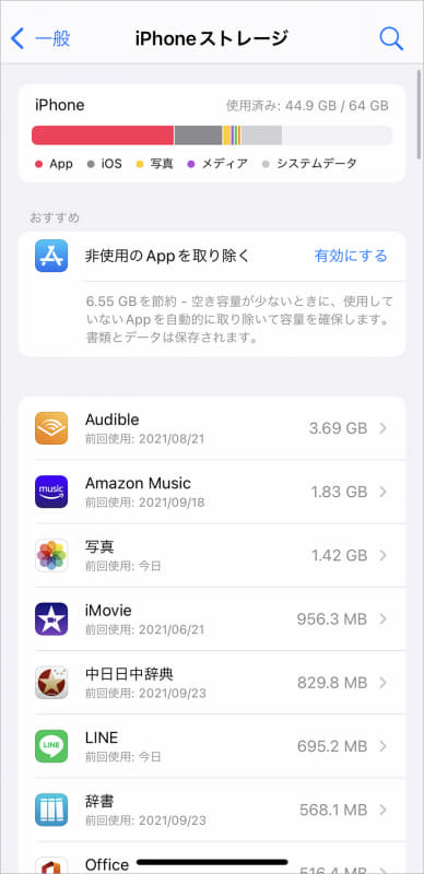 設定アプリから[一般]－[iPhoneストレージ]をタップする。データ容量と使用日から利用頻度の高いアプリを判断可能