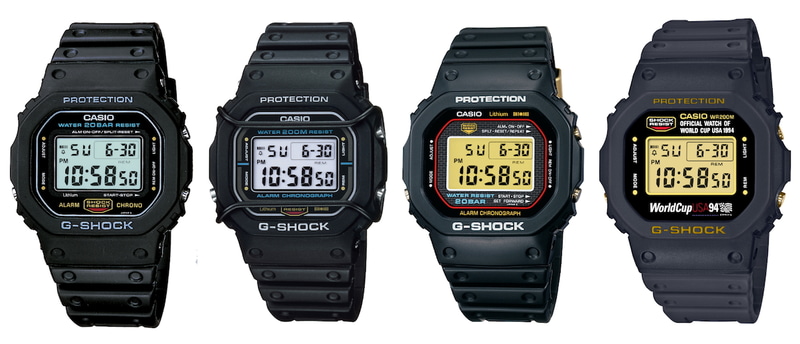 左から「DW-5600C」(1987年)、「DW-5800C」(1987年)、「DW-1983」(1993年)、「SWC-05」(1994年)