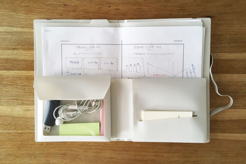 オンライン会議の必需品であるイヤホンも収納。こうなってくるとペンもいっしょにしたくなるのでノド(折り目の部分)に引っかけようと思います。中央部分にペンホルダーがあったらいいですね