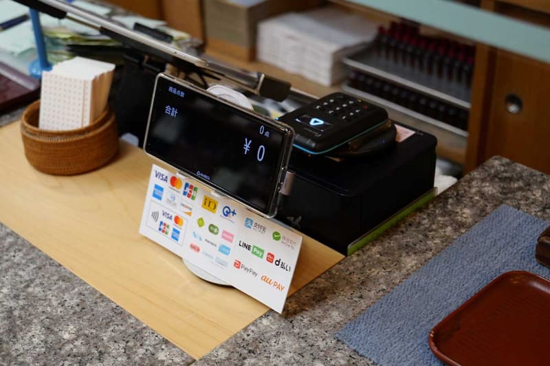 これまでの運用スタイル。レシートプリンター上に決済端末を起き、その前にカスタマーディスプレイ用のスマートフォンを設置していた