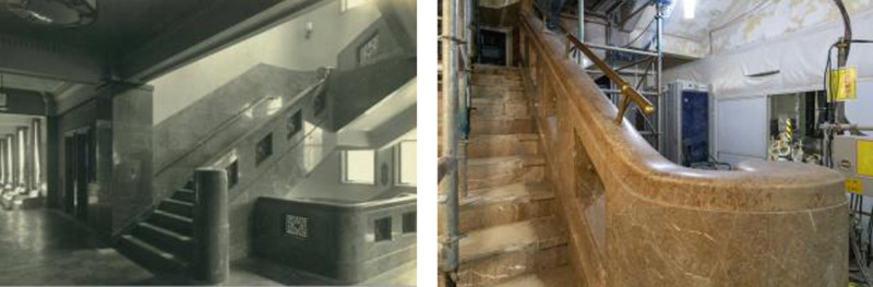 階段室の創建当時(左)と保存復原後(右)