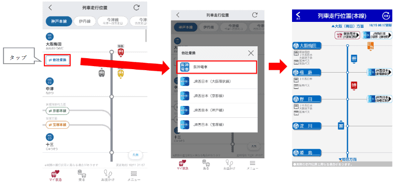 「阪急沿線アプリ」から「阪神アプリ」に遷移して阪神電車の列車走行位置を参照する様子