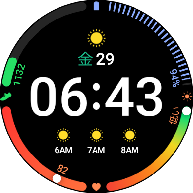 こちらがウォッチフェイス。ここではデジタル表示ですが、クロノグラフ風アナログだったり、グラフィカルなものも多数あります