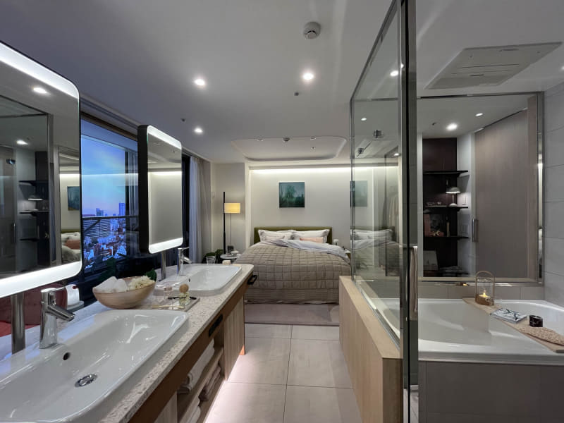 風呂と洗面が一体化した主寝室。こんなカスタマイズする人はさすがにおらんやろ、と突っ込みたくなる