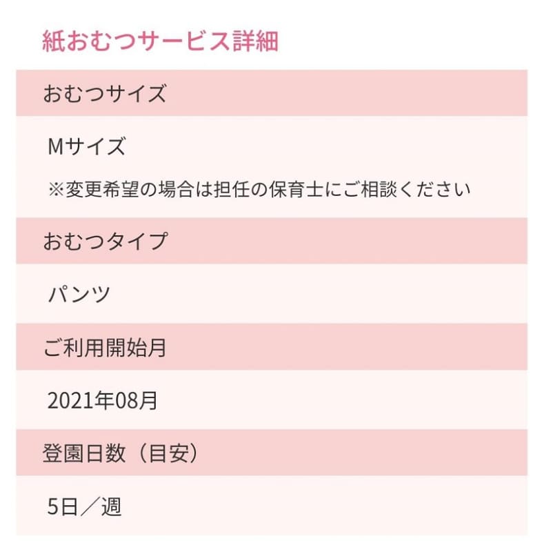 手ぶら登園を利用している保護者用のウェブサイトがあります。サイズ変更は園に直接言えばいつでも可能