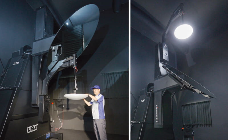 明るさや配光、消費電力や省エネ性能は、ミラー式ゴニオフォトメータという回転ミラーを使った大型の装置を使って測定されています