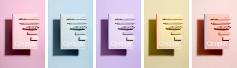 キャンパスノートと、文具は上からモノグラフ、モノスティック、モノエアーペンタイプ、モノグラフ MG、モノ消しゴム