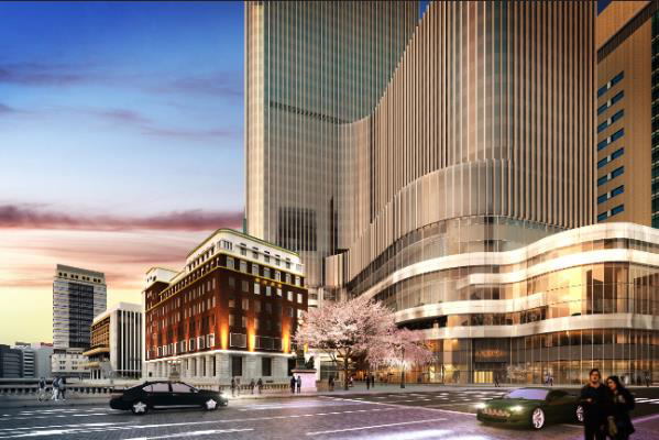 中央通り側からの低層部外観イメージパース(夕景)