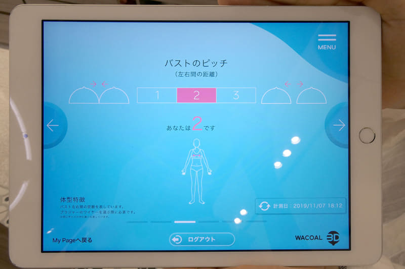 バストの左右間の距離。狭い場合は1、中間は2、広い場合は3