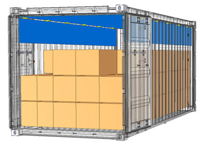 輸送用コンテナの内部の天面や側面にシート型「TEKIjuN」(青色部分)を貼り、結露による荷物の濡れを抑制