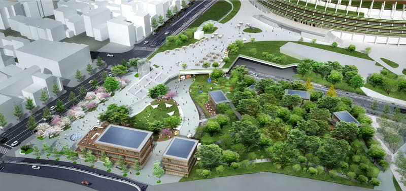 明治公園完成イメージ(左：広場空間/右：「誇りの杜」)