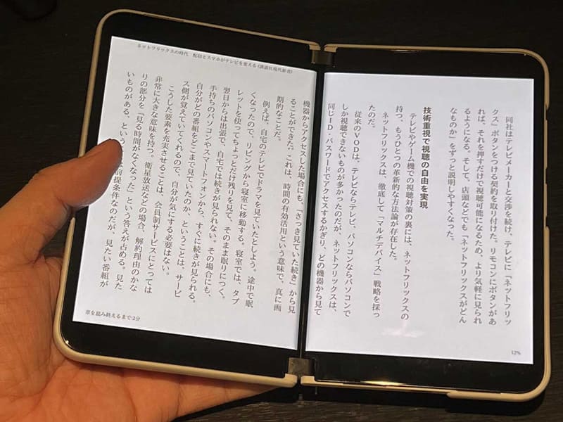 Kindleアプリで日本語の縦書き書籍を表示した場合。最適化がなされていないので、中央が一文欠ける時がある