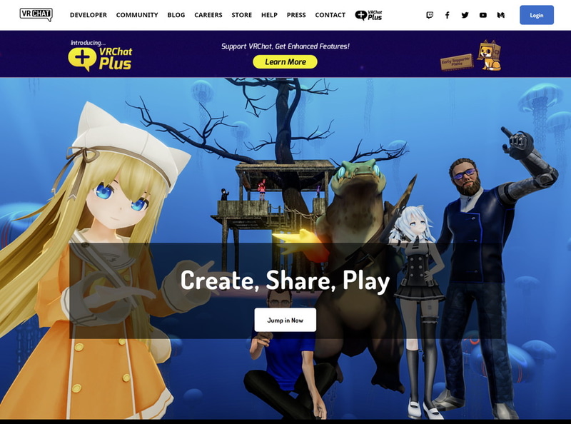 VRChatのWebサイト。画像に写っているような思い思いのアバターを身にまとって参加する