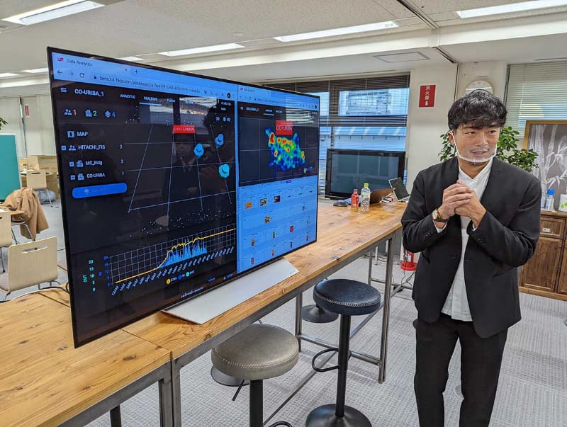 日立製作所 金融システム営業統括本部 事業規格本部 Scale by Digital推進室 担当部長の西本友樹氏が説明するダッシュボードの例。左から時計回りに、現在システムが追跡している人物の認識状況、ヒートマップ、商品の在庫状況となっている