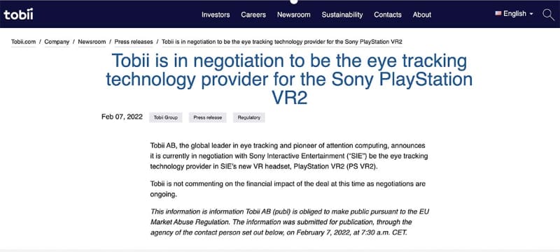 PS VR2の視線トラッキングについては、視線トラッキング技術大手のTobiiがニュースリリースを出している