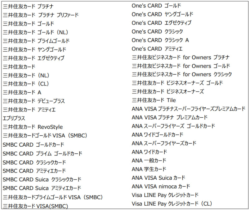 対象カード一覧
