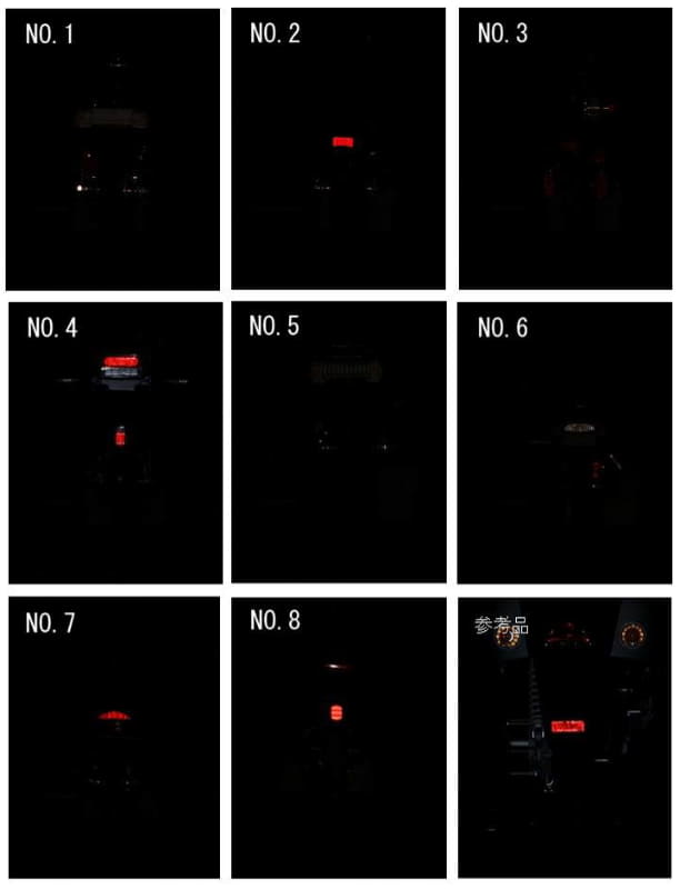 後部反射器の調査。後方100mから自動車の走行用前照灯で後部反射器を照射した様子