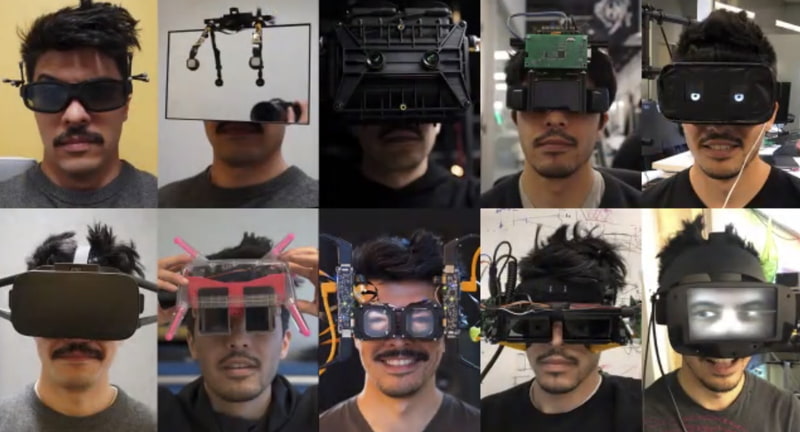 試作機の数々。周囲に装着者の目を見せる「リバース・パススルー・ディスプレイ」も