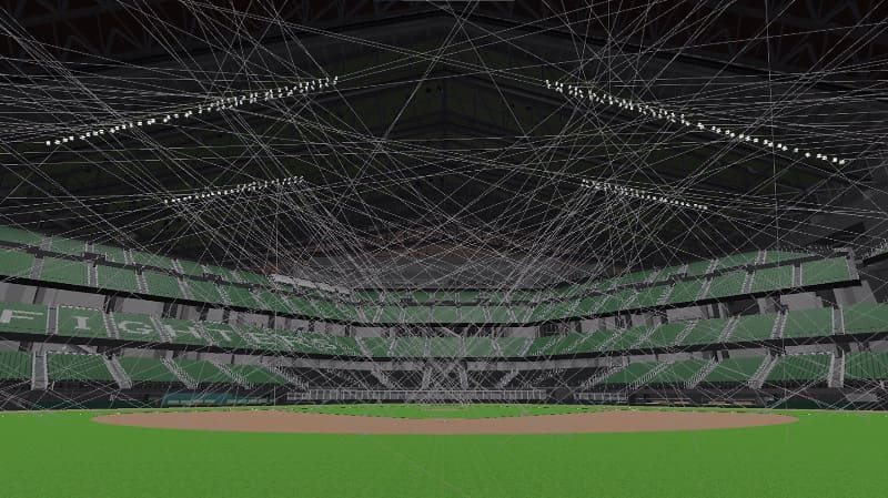 エスコンフィールド内 ホームベース側照明(白い線は照明の光のイメージ)