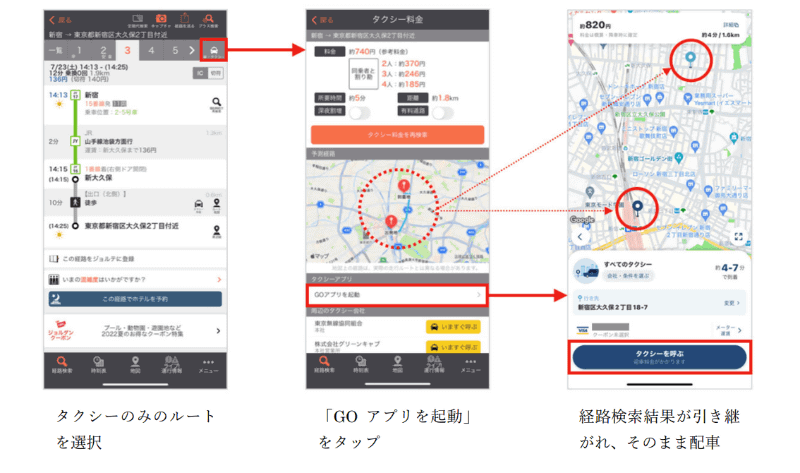 経路検索した全区間からのタクシー配車