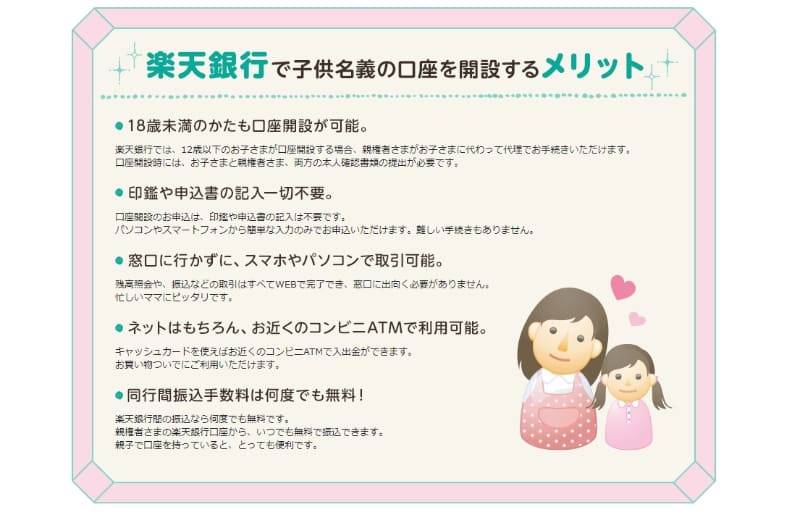 楽天銀行の場合、12歳以下の子供の口座開設は親権者が代理で手続き可能