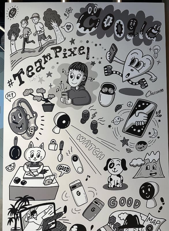 Google社内にあったPixelチームを描いたイラストには、そっとピチャイCEO自筆のサインが