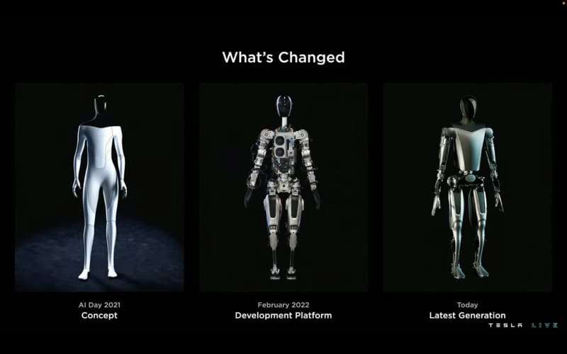 テスラのロボットの変化。左がコンセプト、右が最新モデル
