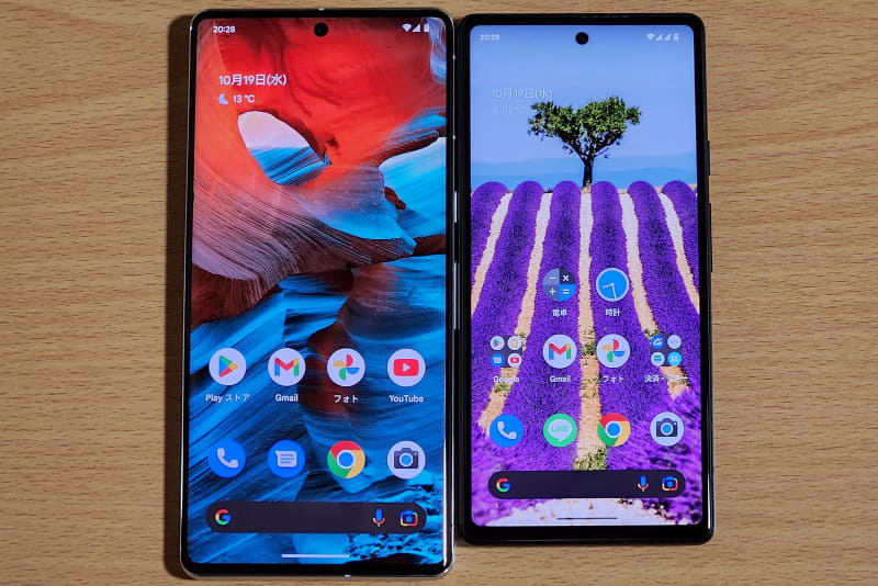 左がPixel 7 Pro、右がPixel 6a。これだけ画面サイズが違い、重さも差がある以上、同列的に扱うのは無茶で「大きいスマホ」「小さいスマホ」という、あくまで別の製品とみなしたほうがよいのかもしれません。iPadとiPad miniが似て非なる製品であるように