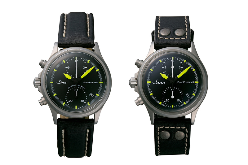 左：2000年発売「356.EURO FLIEGER」　右：2007年発売「356.EURO FLIEGER.II」　第2弾は風防が両面無反射コーティングのサファイアガラスで、ロゴマークが拡大されている