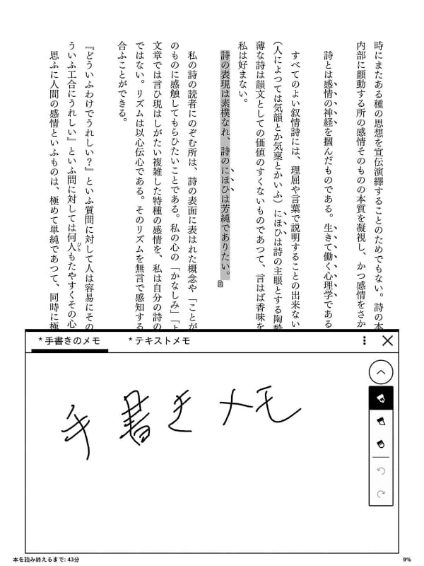 手書きメモの書き込み。テキストメモも可能で、テキストは他の環境にも同期される