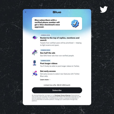 Twitter Blue再開。青い認証マークやツイート編集機能で月8ドル