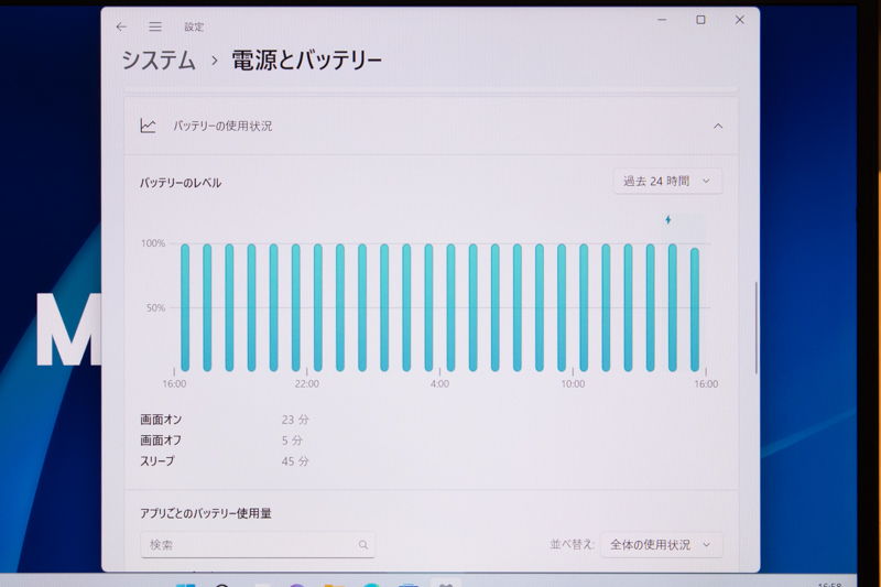 Windows 11にはバッテリーの消費をグラフで確認できる機能もある。日頃からバッテリーの状態を把握しておくのもお勧めだ